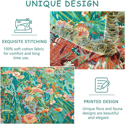 Boho Throw Blanket - 100% Cotton Soft Summer Throw Blanket for Bed, 50"x60" Reversible Breathable Lightweight Blankets, All Seasons Farmhouse Decor Floral Plant Butterfly Throw Quilt