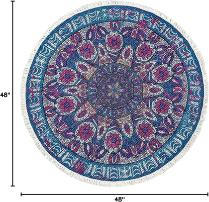 Boho Rug 5Ft Round Bedroom Carpet Circle Nonslip Farmhouse Area Rug Rustic Mandala Floor Mat for Living Room Locker Room Tassel Yoga Throw Rugs Washable Doormat, Purple