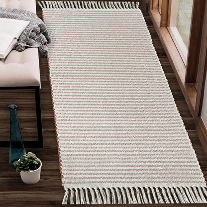 Chardin home Beige & Ivory Providence Runner 2.5x8 feet |Hand Woven Farmhouse Rug with Hand Knotted Fringes|Great in Kitchens entryways Hallways Bathrooms Meditation Yoga Mat|Reversible Cotton Rug