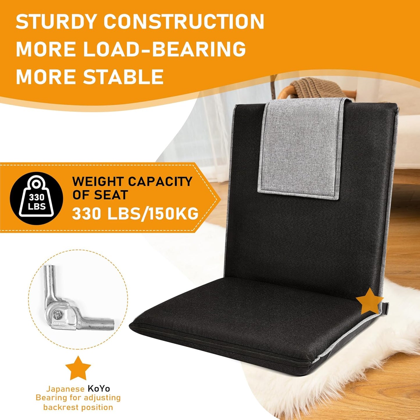 Floor Chair with Back Support 14-Position Adjustable Floor Chair Portable Ground Seating for Adults & Kids Foldable Meditation Seat with Japanese KOYO Bearings & Washable Linen Cover (Coffee)
