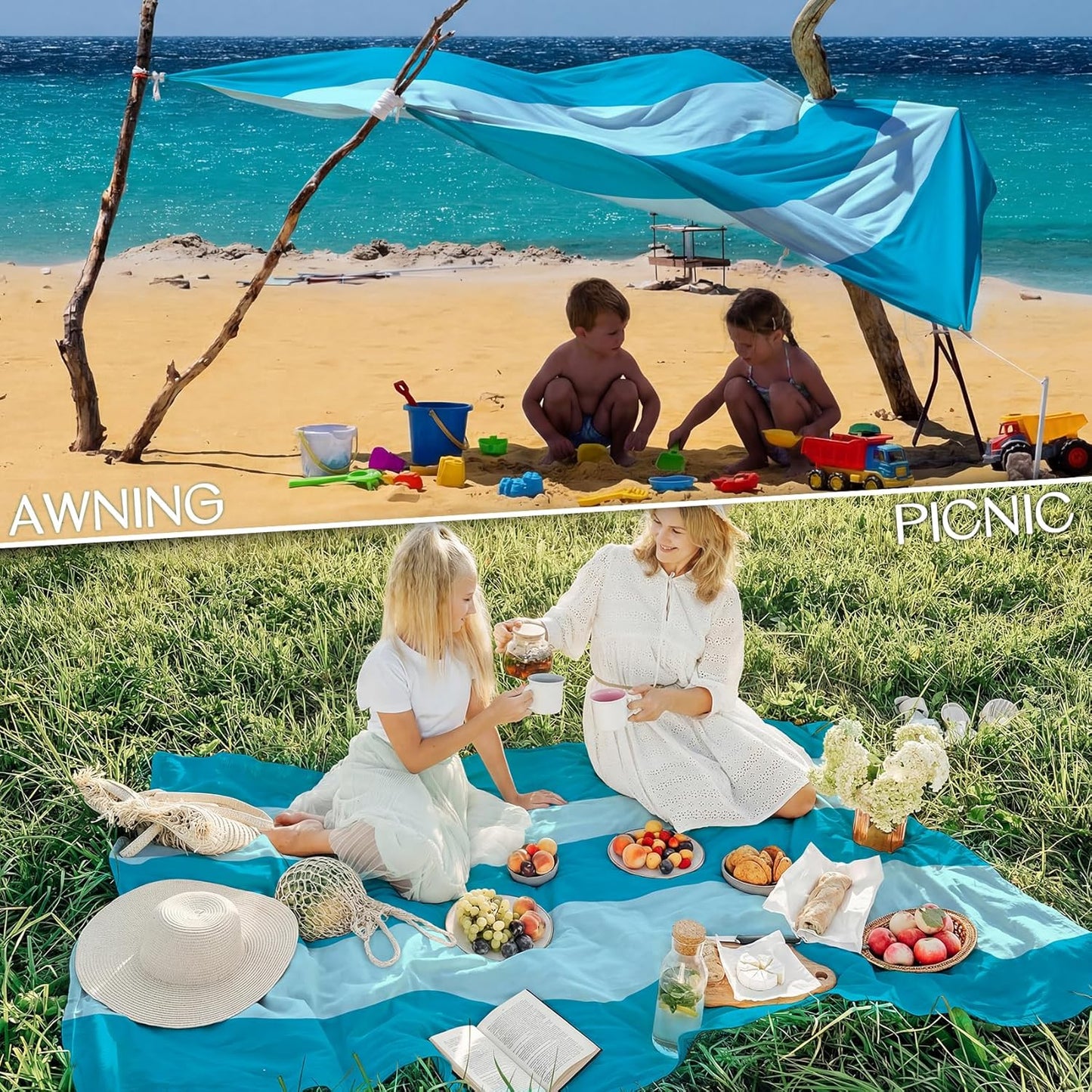 BYDOLL Beach Blanket Waterproof Sandproof Large Sand Free,78''X81''/10'X9' Oversized Sandless Lightweight Blanket Picnic Mat for Beach Travel Camping Hiking with Stakes