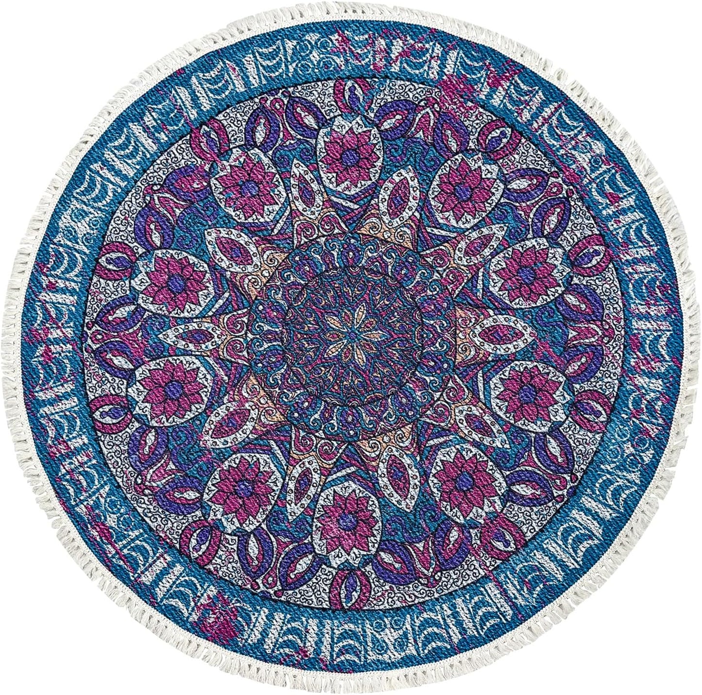Boho Rug 5Ft Round Bedroom Carpet Circle Nonslip Farmhouse Area Rug Rustic Mandala Floor Mat for Living Room Locker Room Tassel Yoga Throw Rugs Washable Doormat, Purple