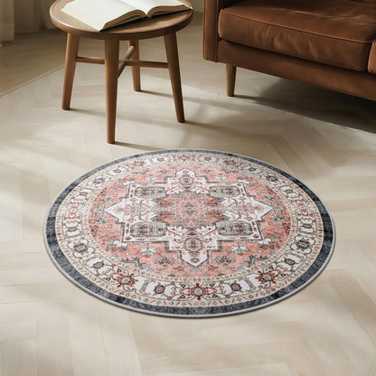 Carvapet 4ft Washable Round Rugs, Modern Abstract Circle Rug, Non Slip Rubber Backing Foldable Low Pile Carpet for Living Room Bedroom, 4ft Red/Orange Rug