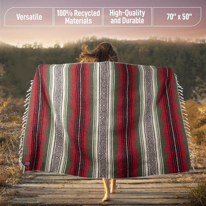 Hydration Nation Authentic Large Handwoven Mexican Blanket - Soft Yoga - Durable Serape - Lightweight Falsa, Beach, Camping, Picnic, Outdoor 70"x50" - Mandarin