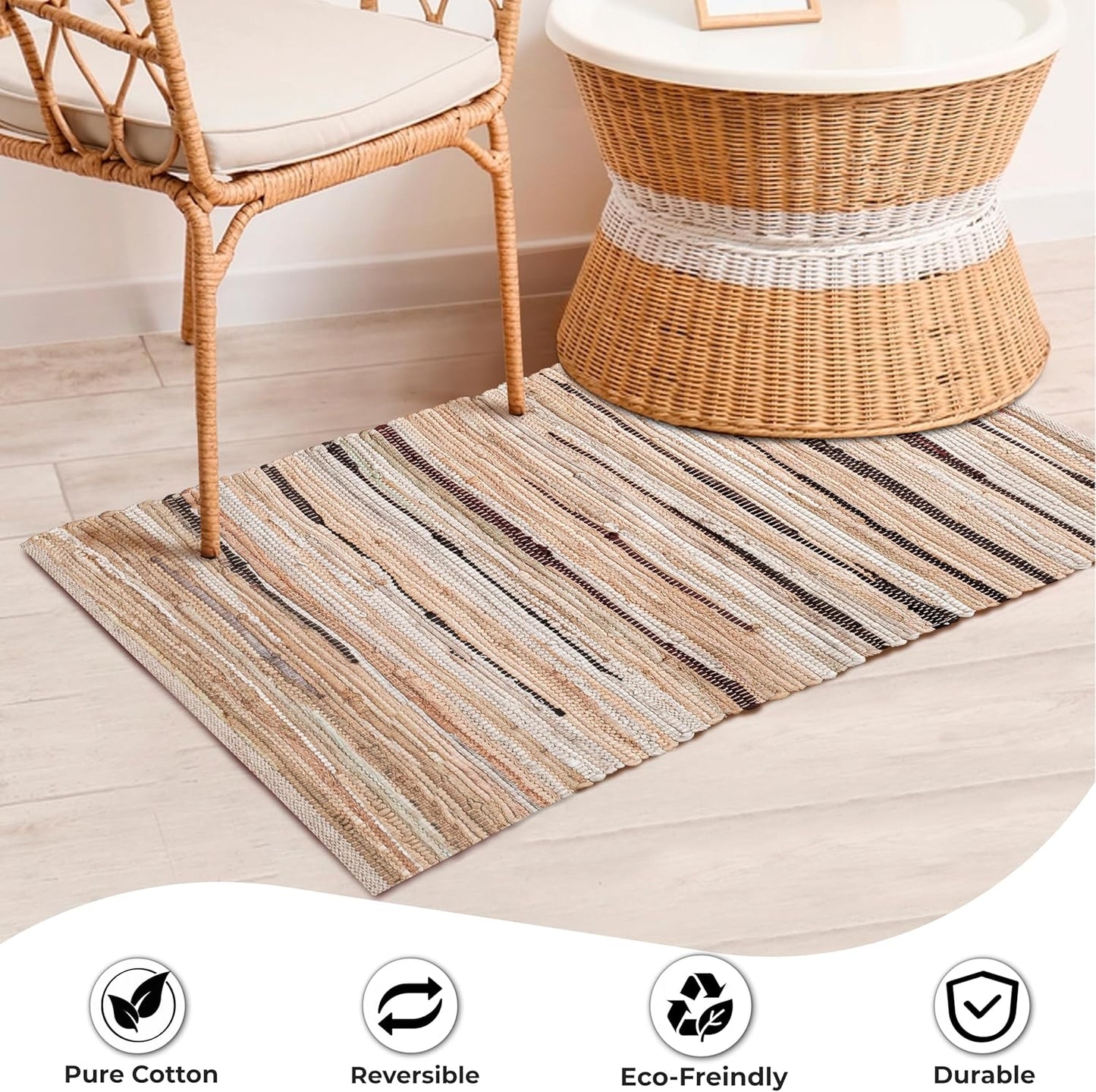 Ramanta Home 100% Cotton Chindi Hosiery Rug 24x36 Inch - Dark Multi, Farmhouse Reversible Soft Bohemeian Rugs Ideal for Entryways, Kitchen, Bedroom | Durable Lightweight Handmade Accent Doormat