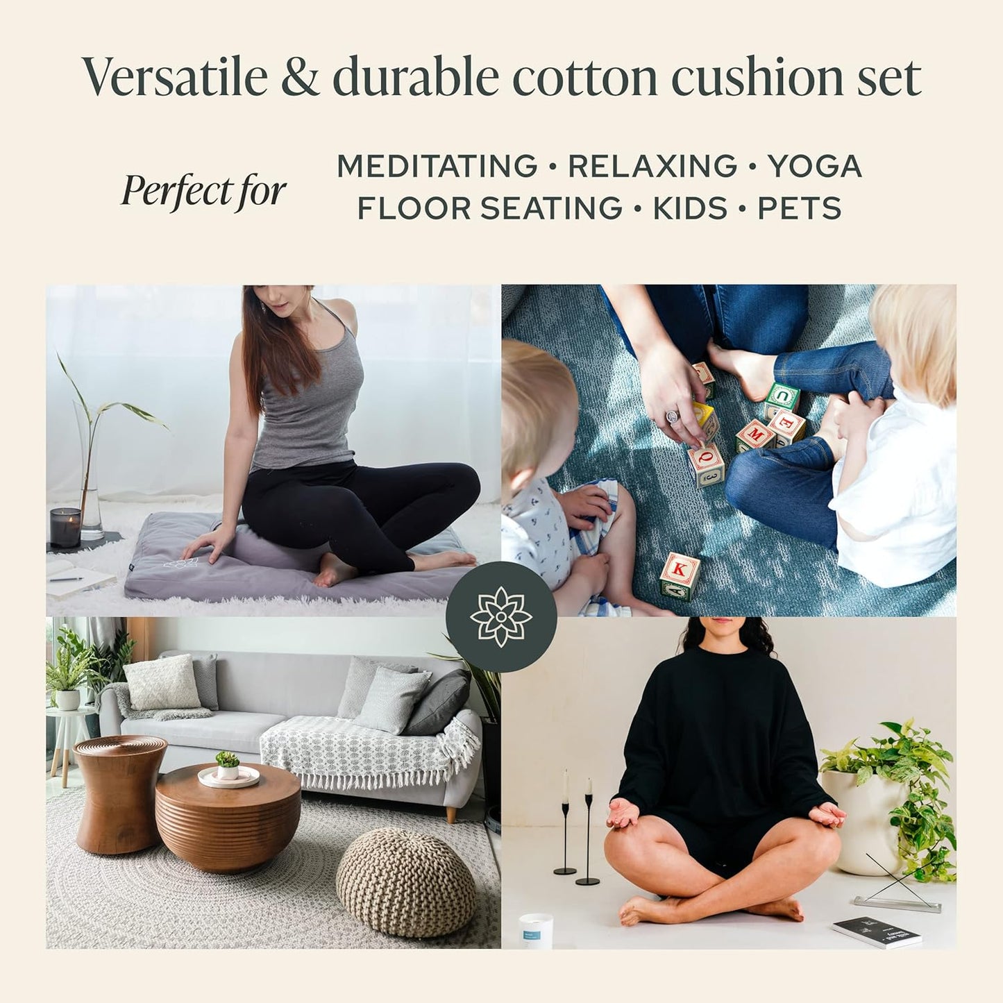 Mindful Modern Meditation Cushion & Zabuton Meditation Mat Bundle - 100% Cotton Meditation Cushion Set for Yoga - Buckwheat Crescent Shaped Zafu Floor Pillow Rectangular Mat - Slate Grey Color