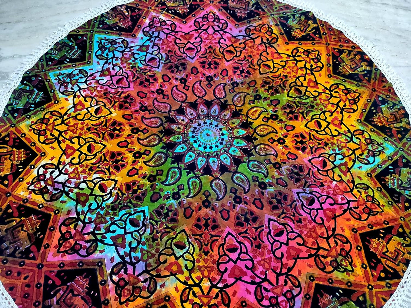 Mandala Round Beach Tapestry Boho Hippie Blanket Bohemian Large Table Cloth Home Decor Yoga Mat Meditation Picnic Rug Throw Hippy Gypsy Tablecloth Roundie (42 Inches, Orange And Blue)