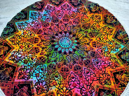 Mandala Round Beach Tapestry Boho Hippie Blanket Bohemian Large Table Cloth Home Decor Yoga Mat Meditation Picnic Rug Throw Hippy Gypsy Tablecloth Roundie (42 Inches, Orange And Blue)