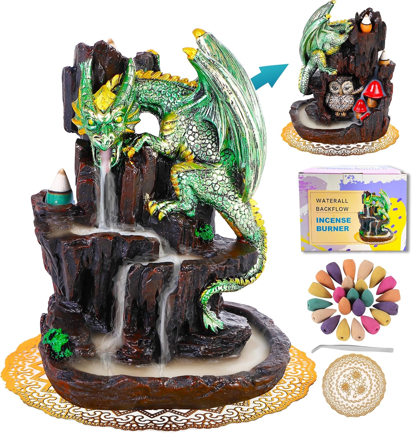 Dragon Backflow 2 Sided Mountain Waterfall Incense Burner,Fountain Smoke Incense Holder with Backflow Incense Cones, Tweezers, Mat，Resin Aromatherapy Meditation (Green)