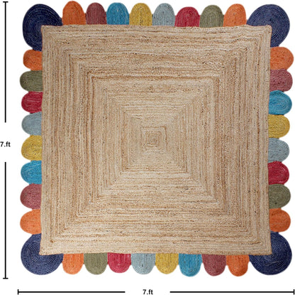 Scalloped Edge Kilim Rug 3' Square Rug Beige & Multicolor Cape Cod Design Carpet Thick 0.27 inches Hand Braided Jute Flatweave Indoor Outdoor Use Rugs for Bedroom, Kitche, Yoga Mat