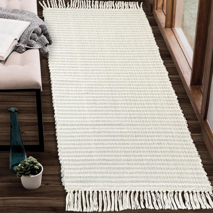 Chardin home Beige & Ivory Providence Runner 2.5x8 feet |Hand Woven Farmhouse Rug with Hand Knotted Fringes|Great in Kitchens entryways Hallways Bathrooms Meditation Yoga Mat|Reversible Cotton Rug