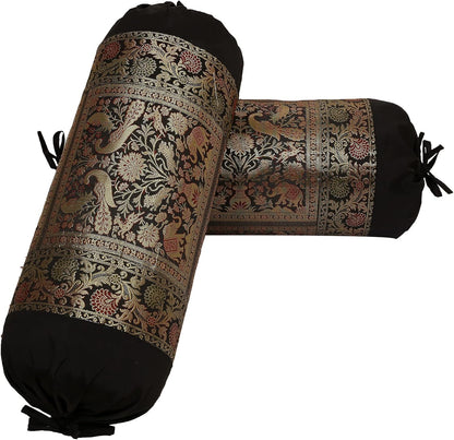 Ethnic Jacquard Brocade Silk Bolster Yoga Rectangular Pillowcase Cover Cylindrical Hotdog Black Tubular Living Room Decorative Elephant Indian Throw Pillowcase 76x38 cm - Set of 2 Pcs