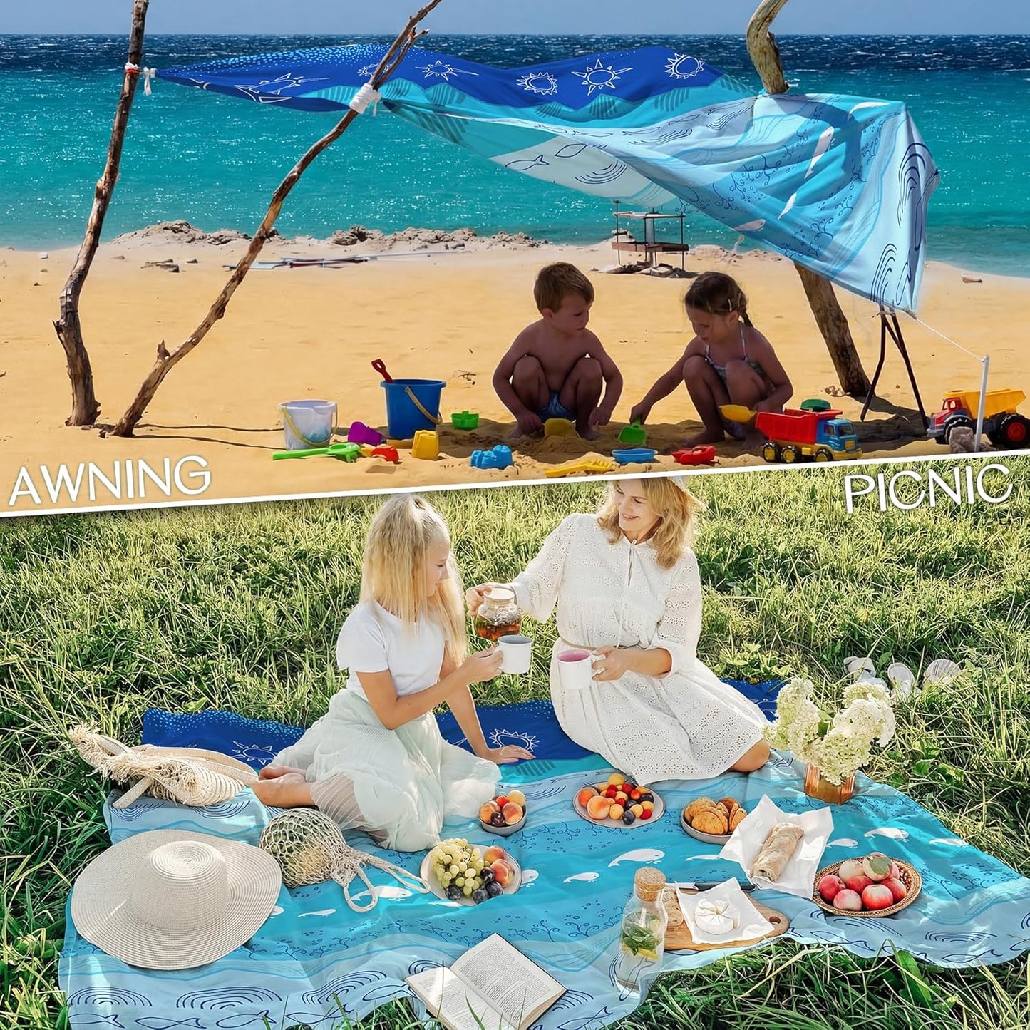 BYDOLL Beach Blanket Waterproof Sandproof Large Sand Free,78''X81''/10'X9' Oversized Sandless Lightweight Blanket Picnic Mat for Beach Travel Camping Hiking with Stakes