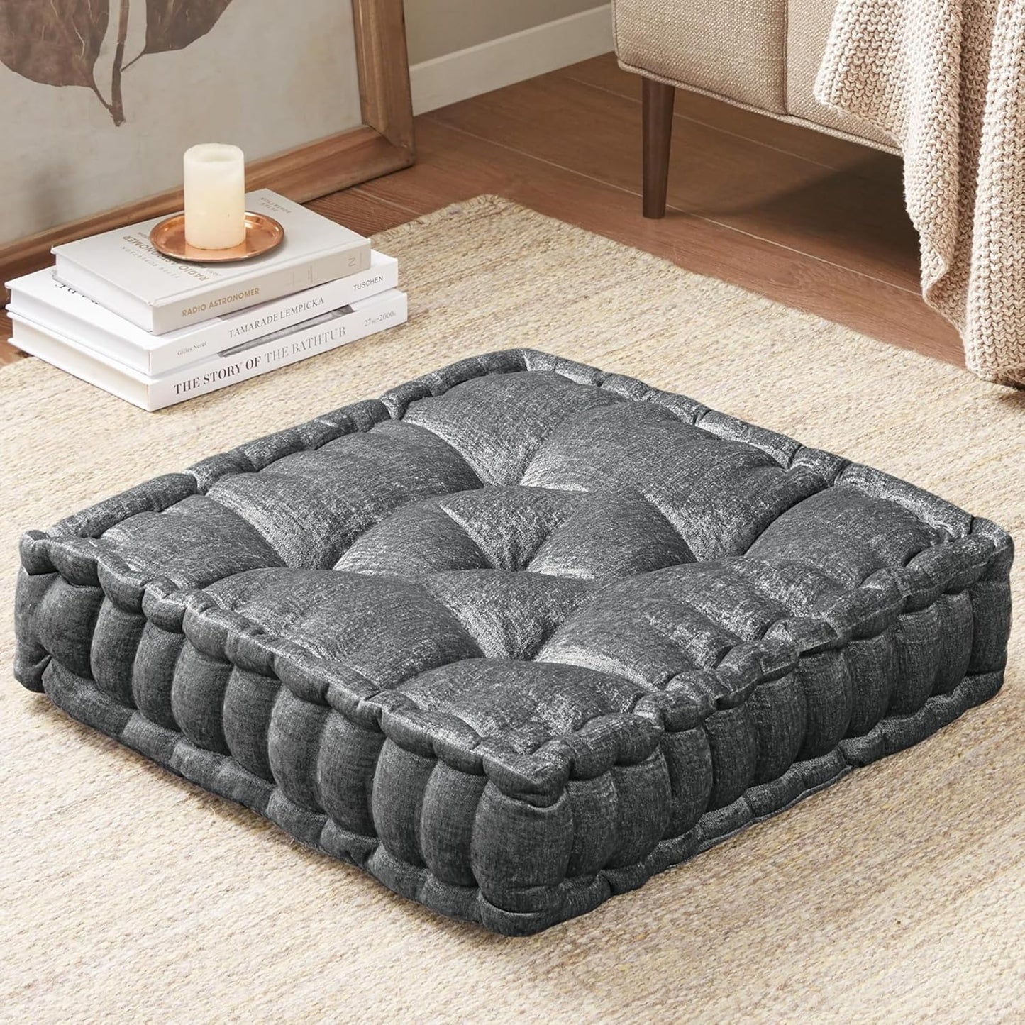 Intelligent Design Large Floor Pillow for Adults Yoga or Meditation Cushion with Handle, Floor Cushion for Board Games, Lustrous Chenille Tufted, Handsewn Scalloped Edge, Azza, 24" x 24" x 5" Yellow