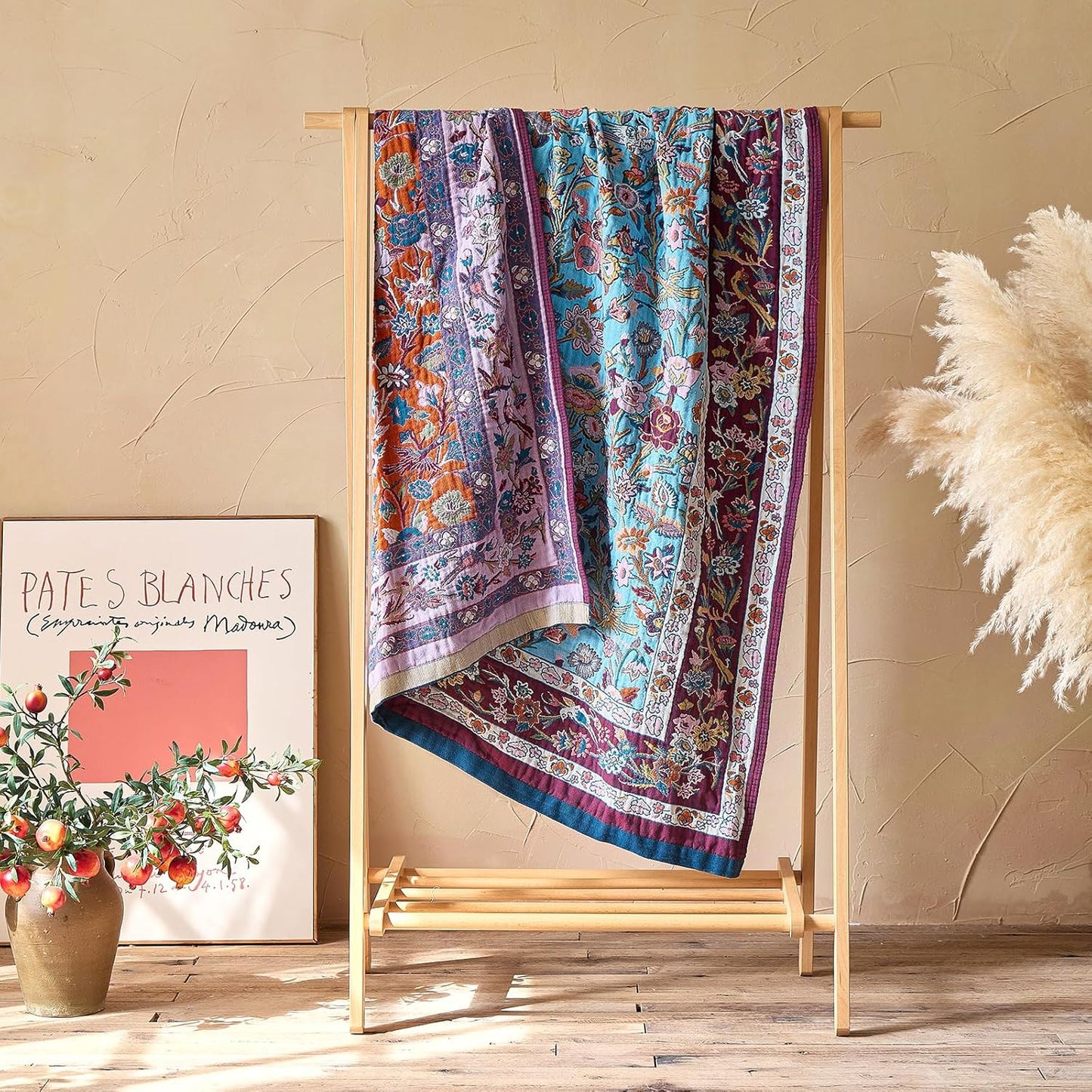 Boho Throw Blanket - 100% Cotton Soft Summer Throw Blanket for Bed, 50"x60" Reversible Breathable Lightweight Blankets, All Seasons Farmhouse Decor Floral Plant Butterfly Throw Quilt