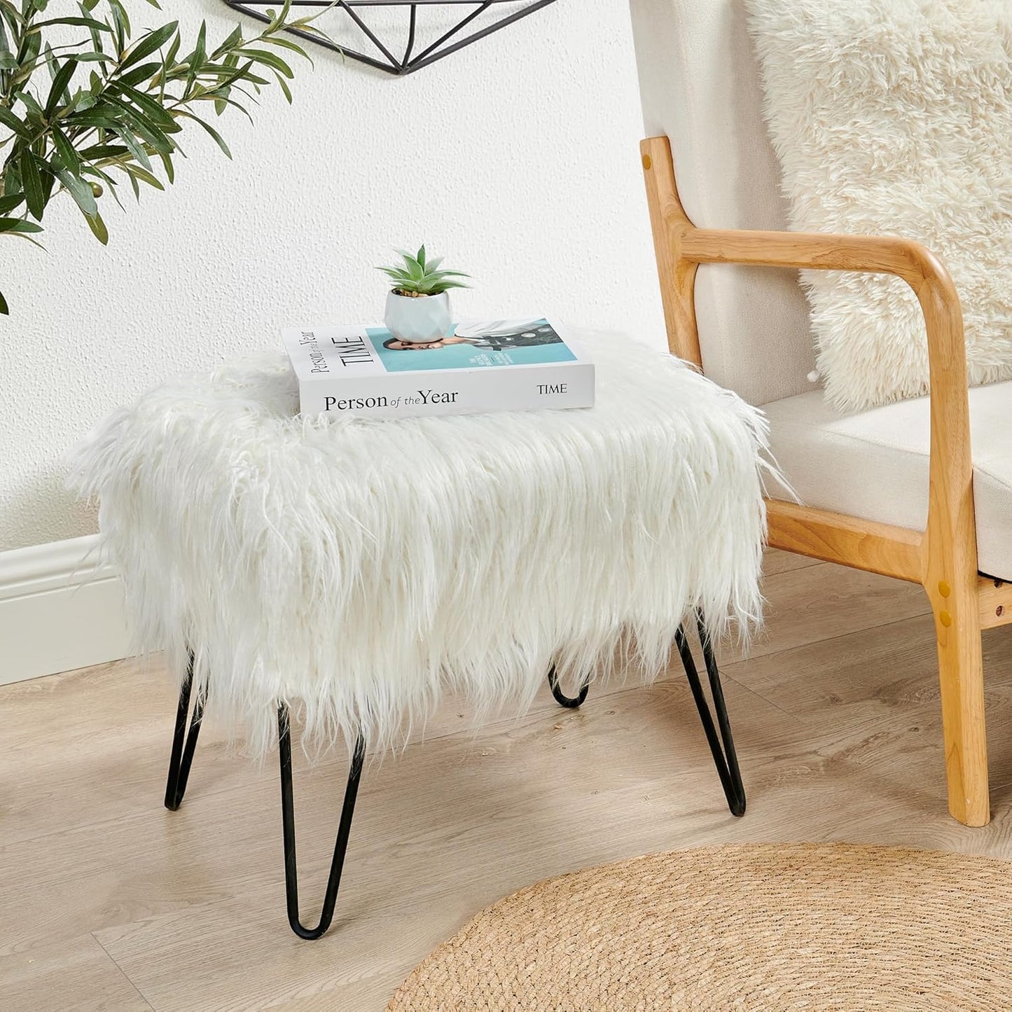 Home Soft Things Green Mongolian Faux Fur Ottoman, Desert Sage, 19'' x 13'' x 17'', Cozy Plush Fluffy Ottoman Foot Rest Stool for Living Room Bedroom Entryway Makeup Bench End of Bed Home Décor