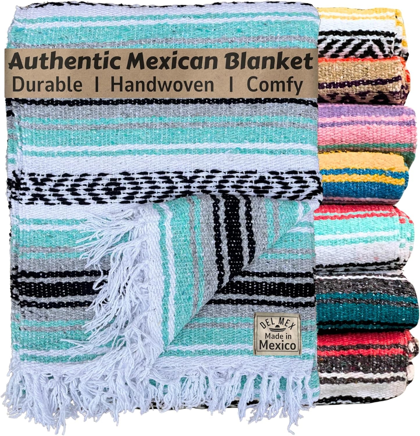 Del Mex Classic Mexican Blanket, Large Authentic Woven Falsa Throw (70"x50"), Artisan Southwest Décor for Beach, Yoga, Outdoors (Lavender)