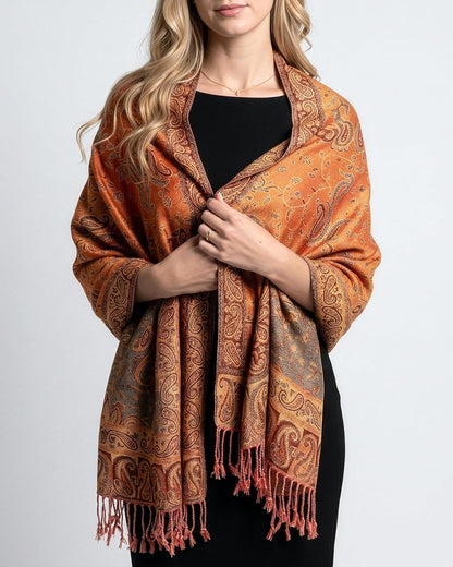 Achillea Reversible Paisley Pashmina Rave Scarf – Exotic Indian Shawls and Wraps for Evening Dresses, Festivals, All Seasons - Colors A