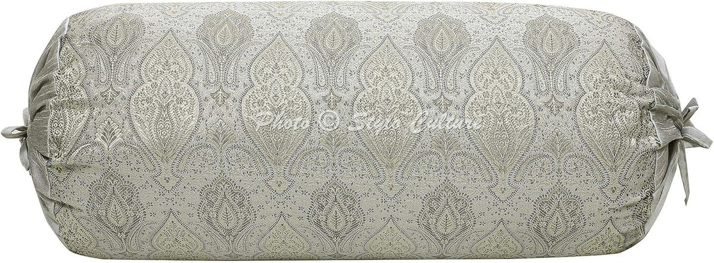 Ethnic Decorative Brocade Bolster Pillow Covers Grey Damask Silk Jacquard Weave Round Meditation Pillow Traditional Floral Cylindrical Cushion Covers - (76x38 cm) | Set of 2 Pcs