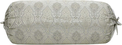 Ethnic Decorative Brocade Bolster Pillow Covers Grey Damask Silk Jacquard Weave Round Meditation Pillow Traditional Floral Cylindrical Cushion Covers - (76x38 cm) | Set of 2 Pcs