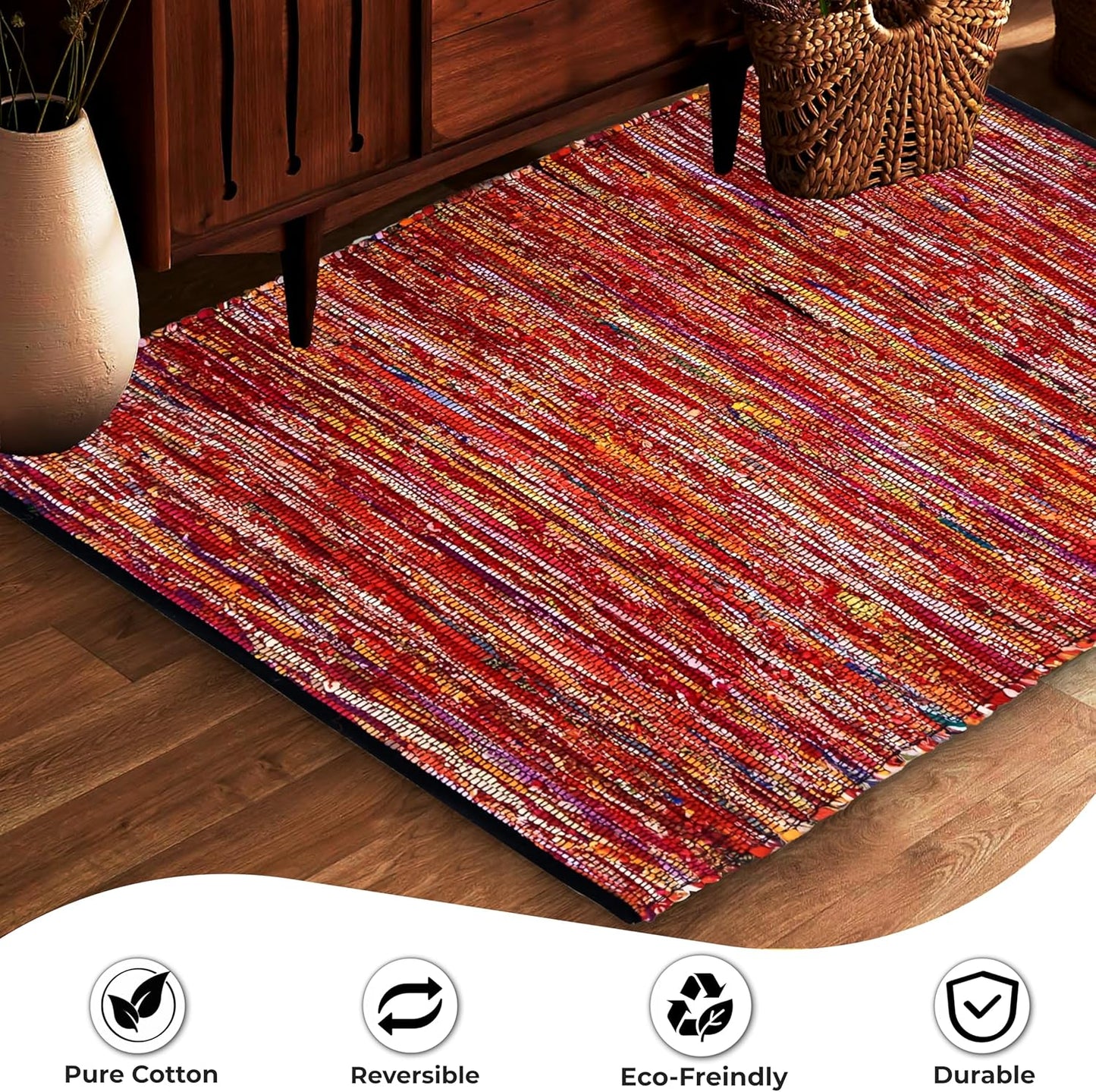 Ramanta Home 100% Cotton Chindi Hosiery Rug 24x36 Inch - Dark Multi, Farmhouse Reversible Soft Bohemeian Rugs Ideal for Entryways, Kitchen, Bedroom | Durable Lightweight Handmade Accent Doormat