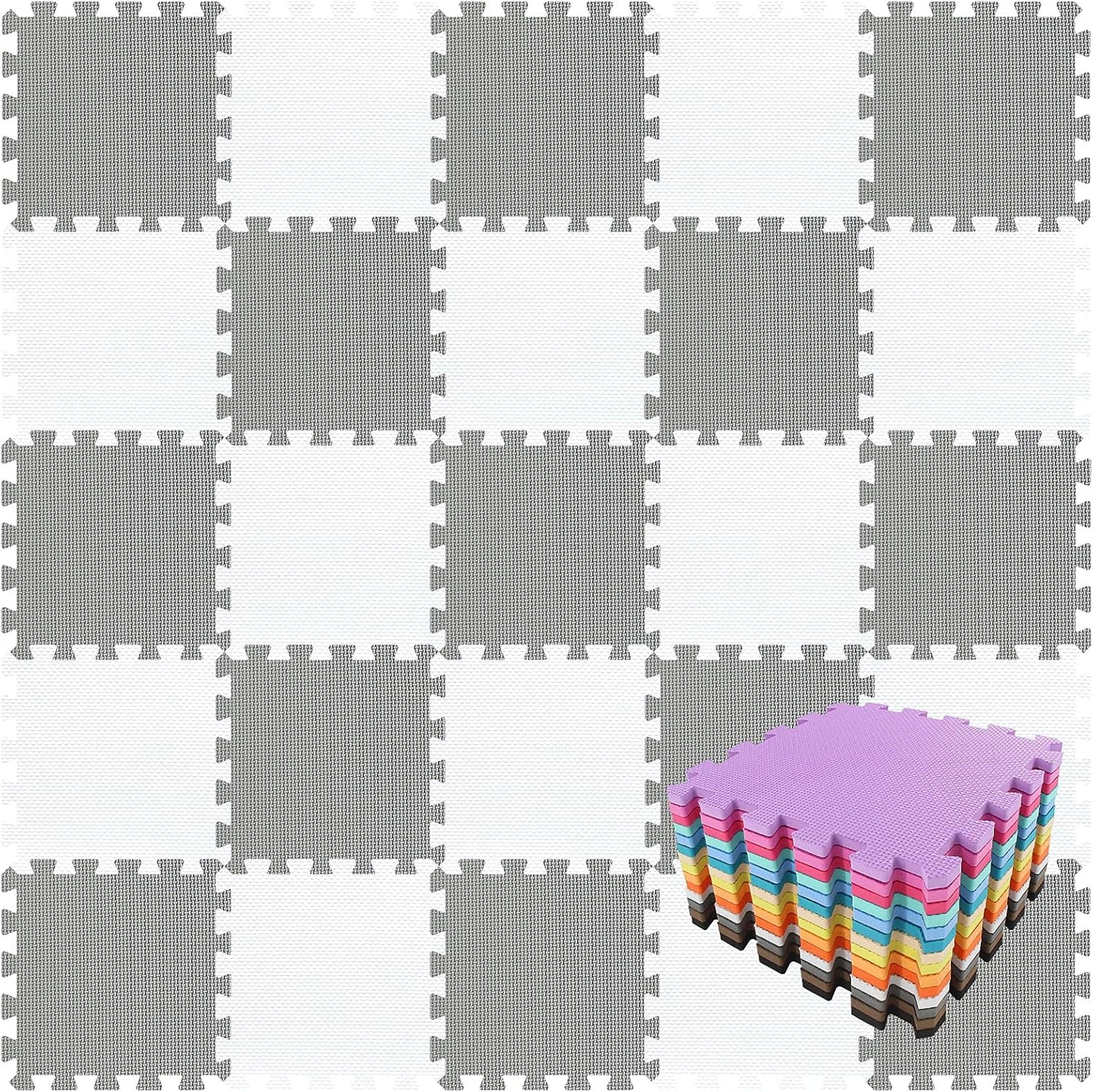 qqpp EVA Rubber 18 Tiles Interlocking Puzzle Foam Floor Mats - Baby Play Mat for Playing | Exercise Mat for Home Workout. White, Pink, Gray. QC-ACLb18N