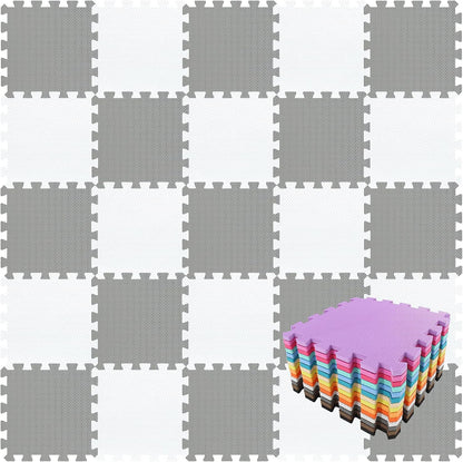 qqpp EVA Rubber 18 Tiles Interlocking Puzzle Foam Floor Mats - Baby Play Mat for Playing | Exercise Mat for Home Workout. White, Pink, Gray. QC-ACLb18N