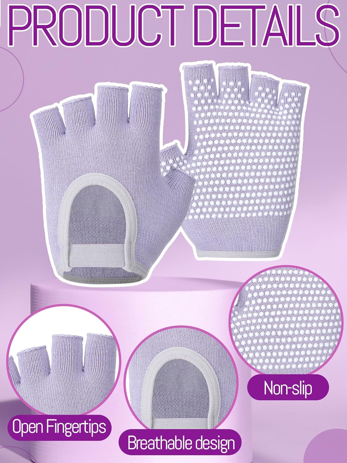 Fourluoo 4 Pairs Pilates Gloves with Grips for Women Non Slip Cotton Fingerless Silicone Yoga Gloves for Gym Exercise Workout Weight Training Mitten Fits Women Men