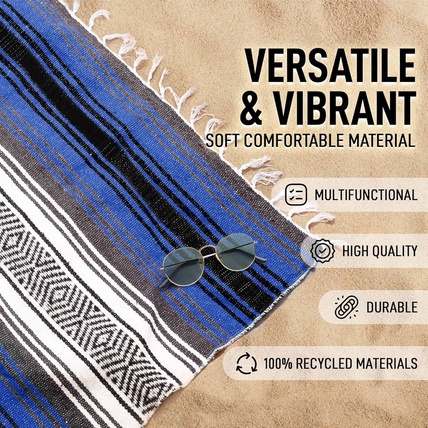 Hydration Nation Authentic Large Handwoven Mexican Blanket - Soft Yoga - Durable Serape - Lightweight Falsa, Beach, Camping, Picnic, Outdoor 70"x50" - Mandarin