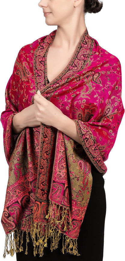 Achillea Reversible Paisley Pashmina Rave Scarf – Exotic Indian Shawls and Wraps for Evening Dresses, Festivals, All Seasons - Colors A