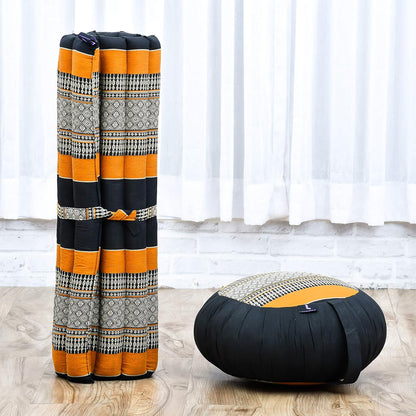 Leewadee Meditation Cushion Set – 1 Round Zafu Meditation Pillow and 1 Square Roll-Up Zabuton Meditation Mat, Pillows Bundle Filled with Kapok