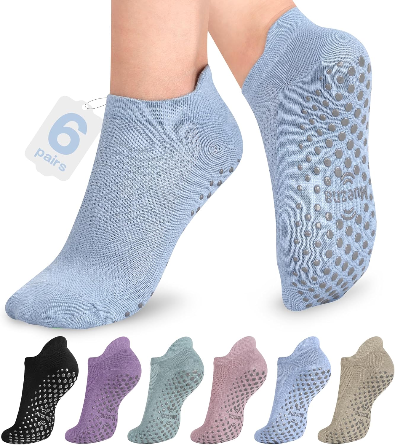 Muezna 6 Pairs Pilates Grip Socks for Women, Non Slip Yoga Socks with Grips, Grippy Socks for Barre, and Hospital