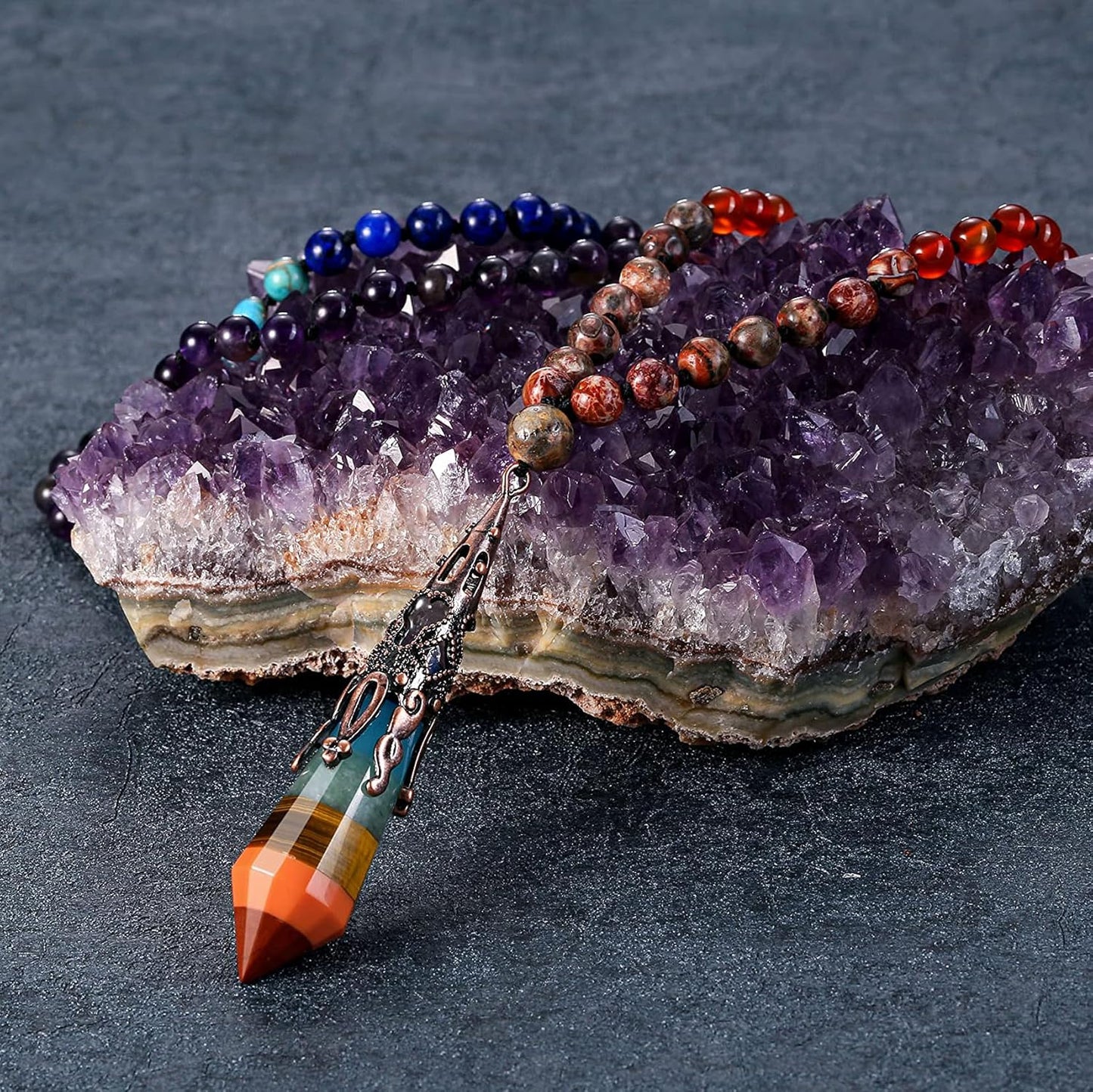 GEHECRST Natural 7 Chakra 108 Mala Prayer Beads Necklace with Reiki Healing Crystal Pointed Pendant 6mm Gemstones Beads Necklace Mens Womens Jewelry for Meditation, Protection