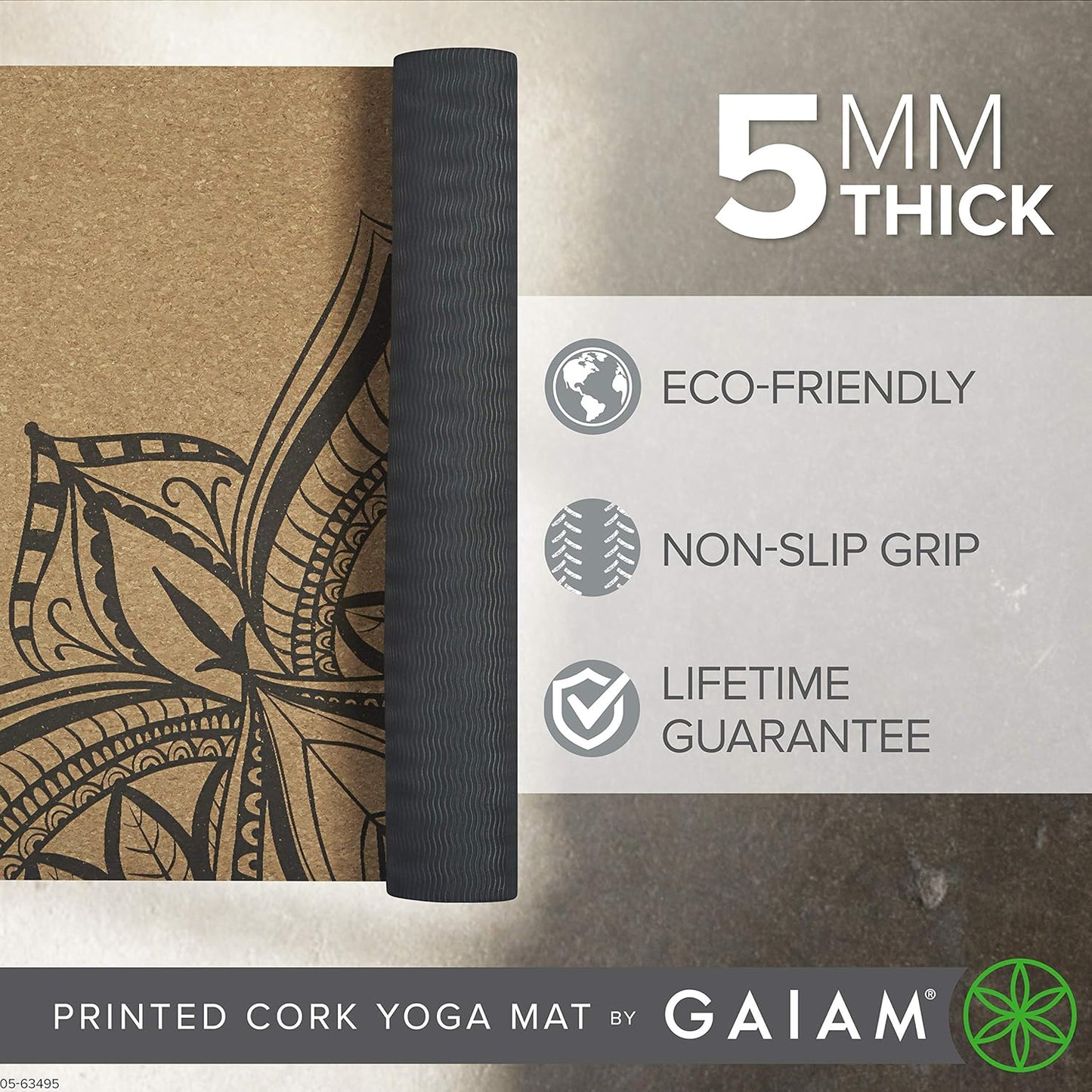 Gaiam Cork Yoga Exercise Mat | Natural Sustainable Cork Resists Sweat and Odors | Non-Slip TPE Backing Prevents Slipping| Great for Hot Yoga, Pilates, Fitness Working Out (68" x 24")