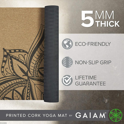 Gaiam Cork Yoga Exercise Mat | Natural Sustainable Cork Resists Sweat and Odors | Non-Slip TPE Backing Prevents Slipping| Great for Hot Yoga, Pilates, Fitness Working Out (68" x 24")