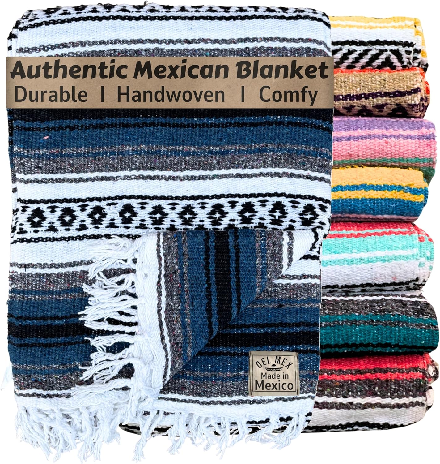 Del Mex Classic Mexican Blanket, Large Authentic Woven Falsa Throw (70"x50"), Artisan Southwest Décor for Beach, Yoga, Outdoors (Lavender)
