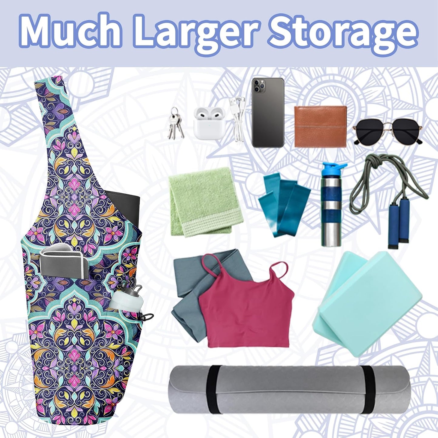 Yoga Bag for Women, Large Yoga Mat Bag Tote Carrier with Wet Dry Pocket, Water Bottle Holder & Adjustable Strap, Fits 1/2" Thick Yoga Mat for Gym, Pilates, Travel, Work
