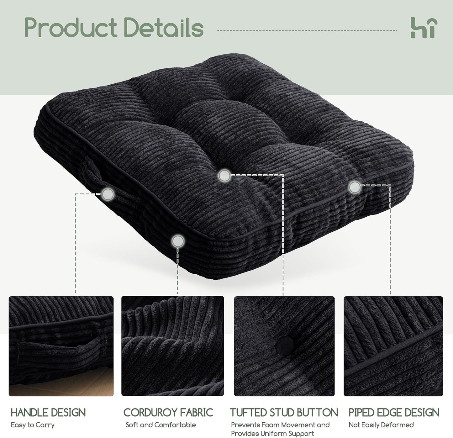 HIGOGOGO Floor Pillow Cushion for Adults, Meditation Cushion Pillow, Large Square Floor Sitting, Tufted Corduroy Cover, for Tatami Living Room or Yoga, 22x22 Inch, Dark Grey