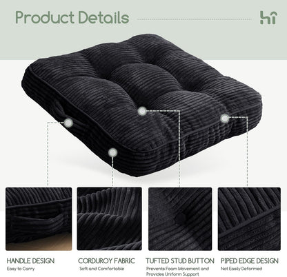 HIGOGOGO Floor Pillow Cushion for Adults, Meditation Cushion Pillow, Large Square Floor Sitting, Tufted Corduroy Cover, for Tatami Living Room or Yoga, 22x22 Inch, Dark Grey