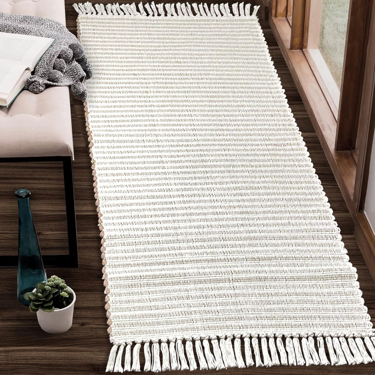 Chardin home Beige & Ivory Providence Runner 2.5x8 feet |Hand Woven Farmhouse Rug with Hand Knotted Fringes|Great in Kitchens entryways Hallways Bathrooms Meditation Yoga Mat|Reversible Cotton Rug