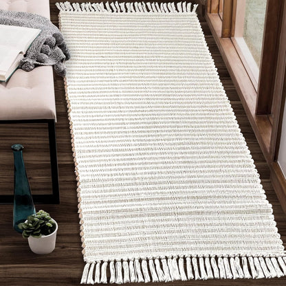 Chardin home Beige & Ivory Providence Runner 2.5x8 feet |Hand Woven Farmhouse Rug with Hand Knotted Fringes|Great in Kitchens entryways Hallways Bathrooms Meditation Yoga Mat|Reversible Cotton Rug