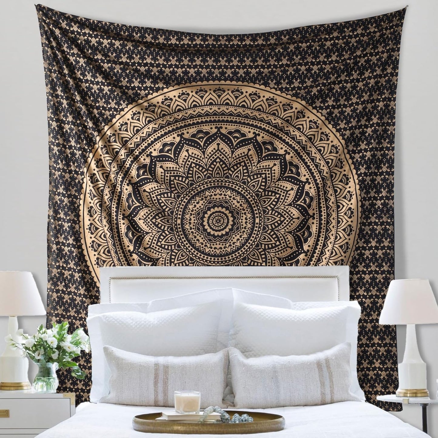 THE ART BOX Original Gold Tapestry Wall Hanging Mandala – Cotton Throw Tapestry – Boho Bedding White and Gold Medium Bedspread 54x60 Inches – Meditation & Yoga Rug Mat