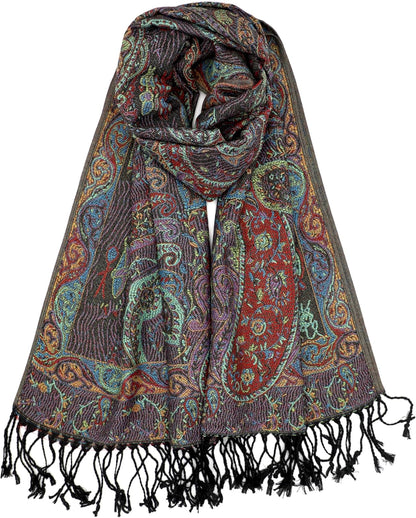 Achillea Reversible Paisley Pashmina Rave Scarf – Exotic Indian Shawls and Wraps for Evening Dresses, Festivals, All Seasons - Colors A