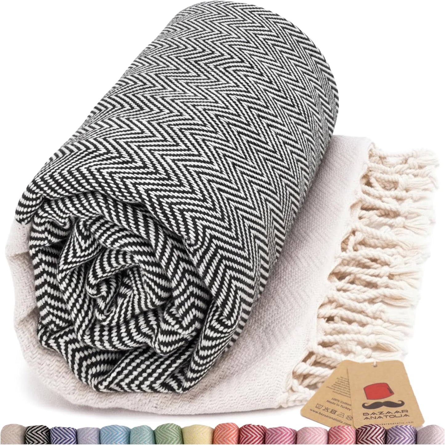 Bazaar Anatolia Turkish Beach Towel – 100% Cotton, Quick Dry, Lightweight and Sand Free – Perfect for Bathroom, Travel, Yoga, Camping, Oversized 71x39 inches - Diamond Black - Colors A