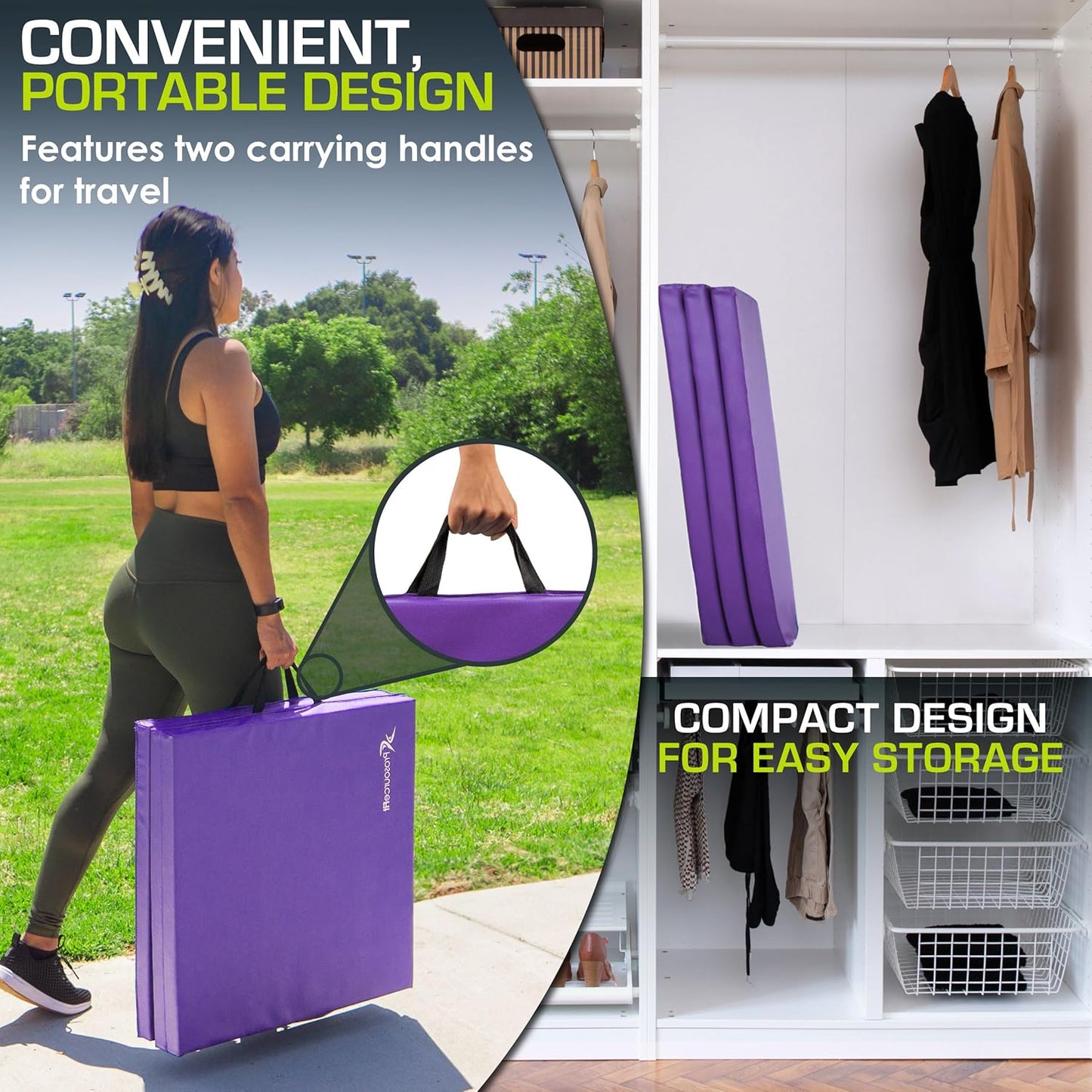 ProSource Tri-Fold Folding Thick Exercise Mat 6’x2’ with Carrying Handles for MMA, Gymnastics, Stretching, Core Workouts
