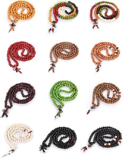 LOYALLOOK 12Pcs 108 Mala Bead Bracelets 8MM Buddhist Prayer Strand Sandalwood Wood Beaded Bracelet Necklace Elastic Handmade Multilayer Tibetan Buddha Link Wrist Bracelets Meditation Necklace Chain