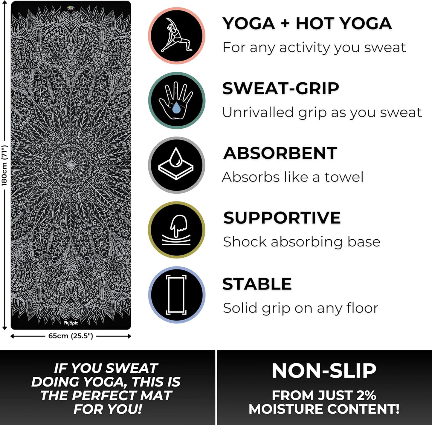 Plyopic. All In One Yoga Mat | Luxury Sweat-Grip Mat/Towel Combo | Ideal for Yoga, Hot Yoga, Bikram, Pilates, Workout & Exercise | Eco-Friendly Natural Rubber