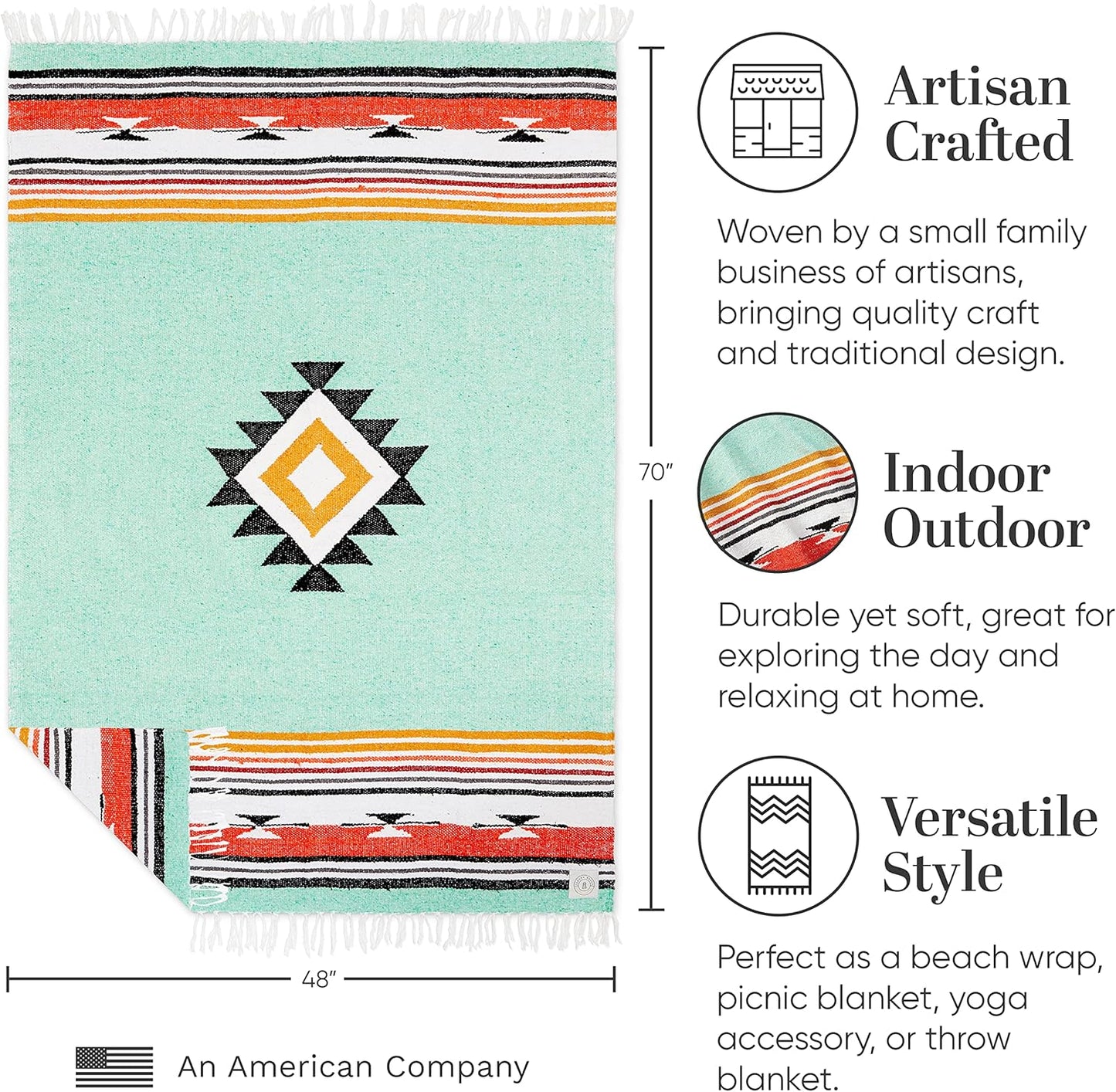 Mexican Blanket by Laguna Beach Textile Co - Beach, Yoga, Camping, or Decorative Throw Blanket - Traditional Handmade Serape (Ivory)