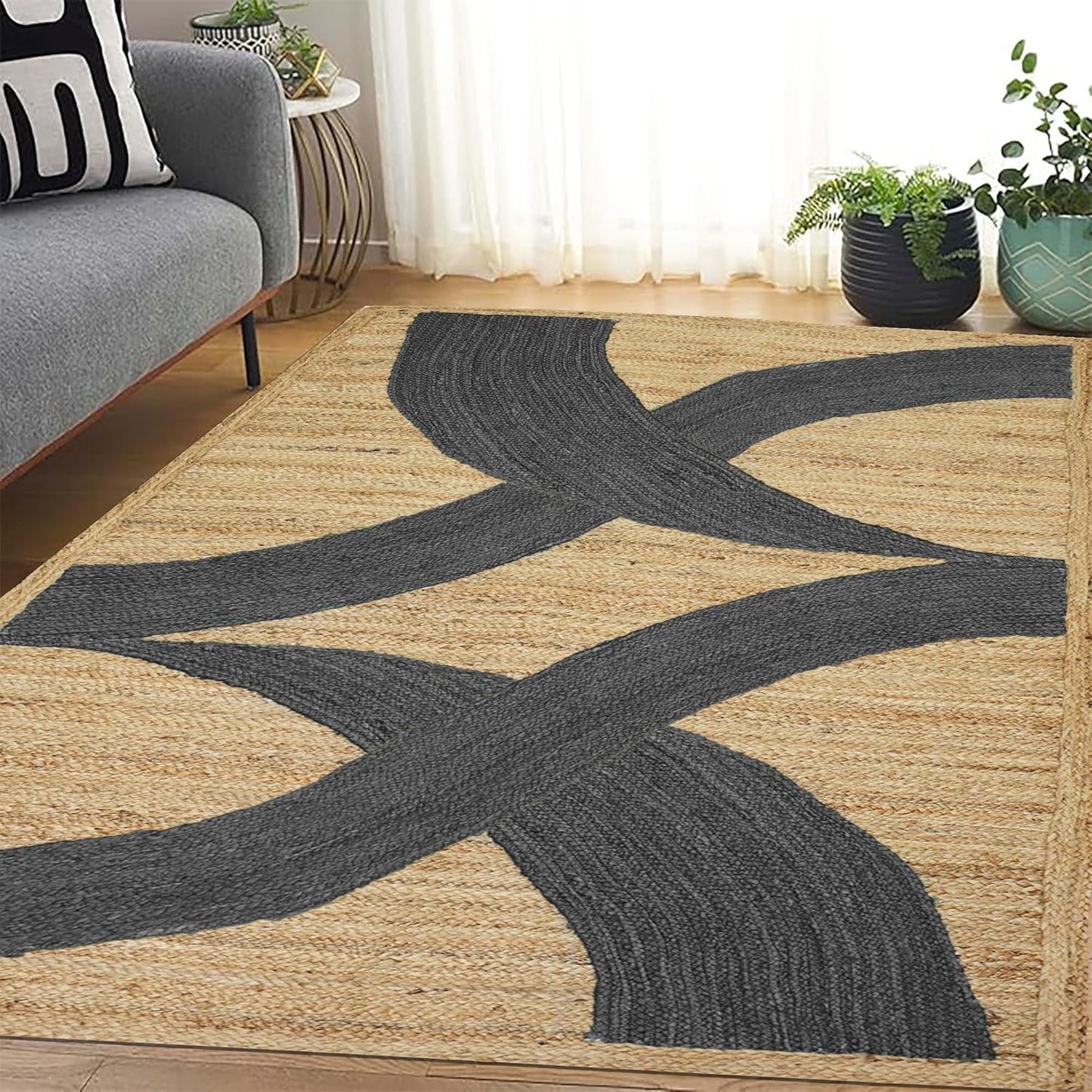 Premium Quality Jute Rug 4x6 Feet Area Rug Natural Fiber Jute Rugs Thick 0.27" Black Abstract Pattern Geometric Rugs for Kids Room, Living Room, Yoga Mat, Indoor Outdoor Carpet - Colors B