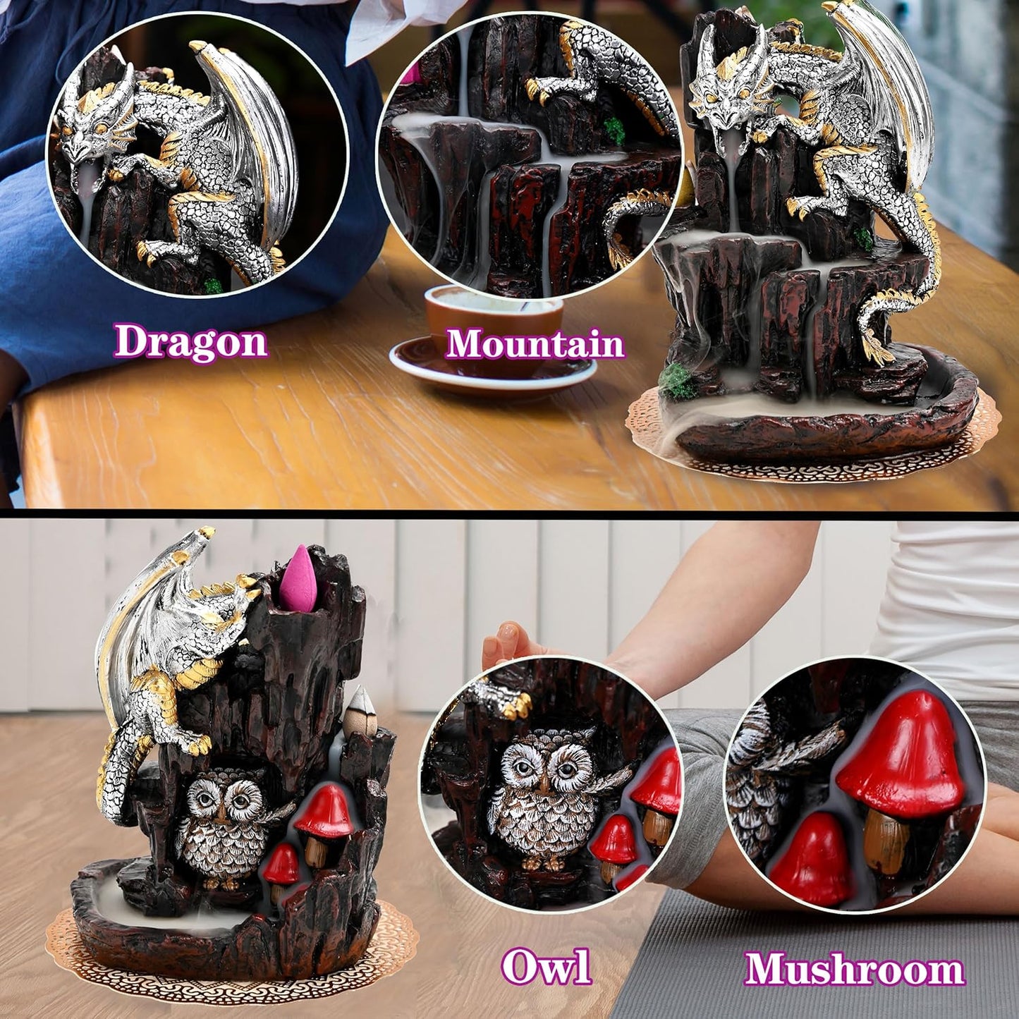 Dragon Backflow 2 Sided Mountain Waterfall Incense Burner,Fountain Smoke Incense Holder with Backflow Incense Cones, Tweezers, Mat，Resin Aromatherapy Meditation (Green)